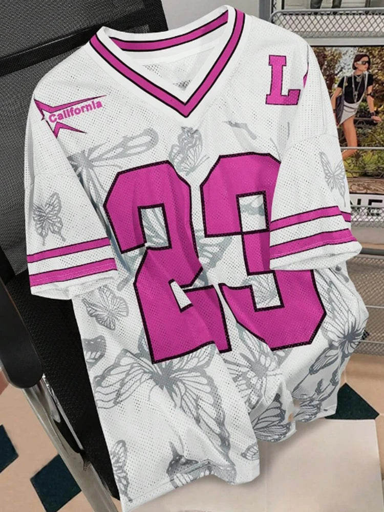 Summer Fashion Butterfly 23 Print TShirt For Women V-Neck Mesh Hole Short Sleeve Sports Football Jersey Y2K Loose Women Clothing