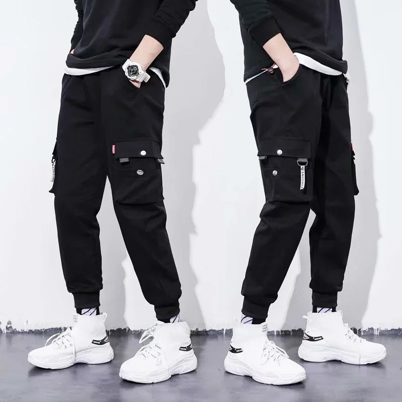 Trendy Men's Loose-fit Cargo Pants Autumn Winter Bell Bottoms Multiple Pockets Casual Style Street Dance Fashion