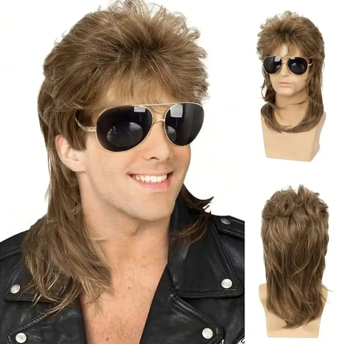 Mullet Wigs for Men Synthetic 70s 80s Costumes Mens Black Fancy Party Accessory Cosplay Hair Wig