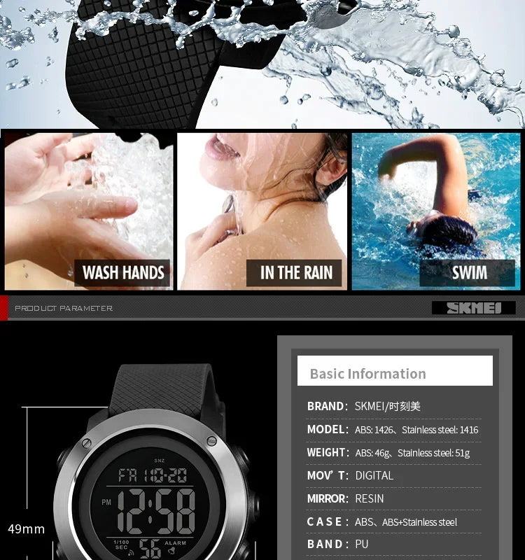 SKMEI 1426  Montre Men Alarm Clock Fashion Digital Watch Relogio Masculino Sport Watch Men Luxury Brand 5Bar Waterproof Watches