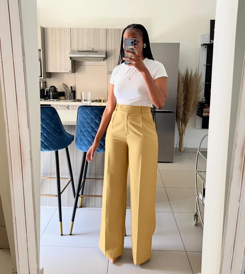 Autumn Casual High Waisted Pants Women Chic Fashion Solid Button Pocket Straight Leg Wide Leg Casual Pants Women