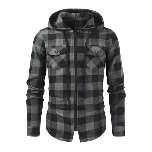 Men's New Plaid Hooded Sweater Long Sleeve Casual Thin Jacket Stand Hooded Shirt European Style Fashionable Outwear