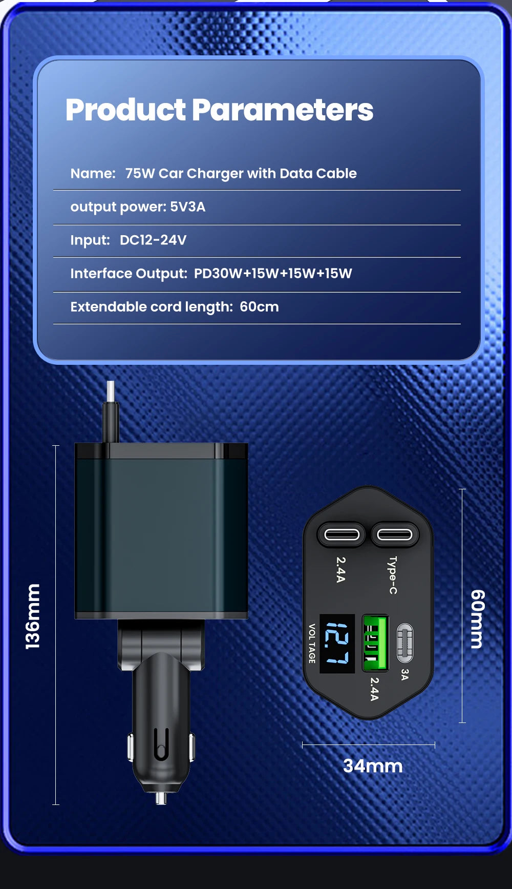 Elough 4 IN 1 Retractable Car Charger Fast Charging USB C To USB C ios Cable Charger USB Type C Car Adapter For iPhone Huawei