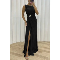 Women Sexy Dress New Sleeveless Solid Party Slim Empire Split Female Elegant Round Neck Fashion Long Clothing