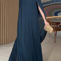 Beautyblue Women's Evening Dresses Elegant Maxi Dresses Loose Gauze Pleated Solid Color Tiered Off-The-Shoulder New Female Robe