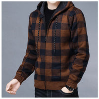 Men Sweater Jacket Fashion Winter Coat Fleece Hoodies High Quality Luxury Checkered Hooded Knit Cardigan Male Outer Wear