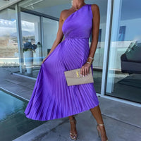Ardm Elegant Oblique Shoulder Pleated Asymmetric Summer Dresses For Women 2023 Sexy Backelss Hollow Out Party Maxi Dress Vestido