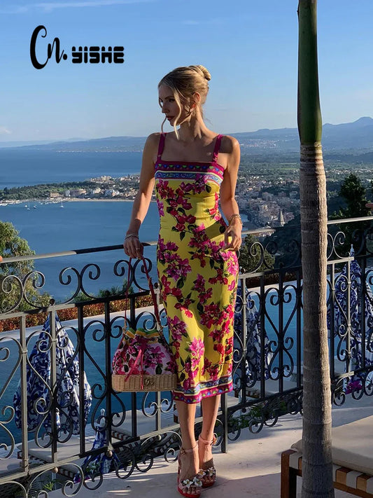CNYISHE Flower Prints Camisoles Fashion Sheath Sexy Club Hot Girl Women Dresses Colorful Trendy Elegant Lady Female Bodycon