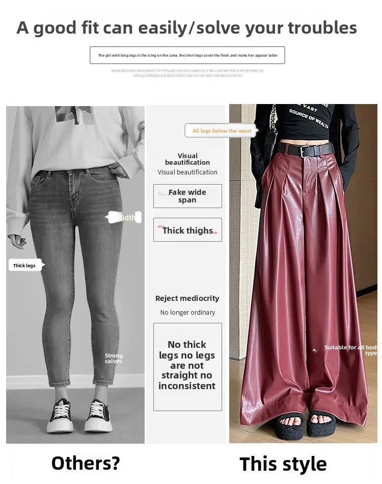 High Waist Wide Leg PU Leather Pants Women's Suit Casual Floor Length Trousers Autumn Winter New Style Loose Fit Long Pants
