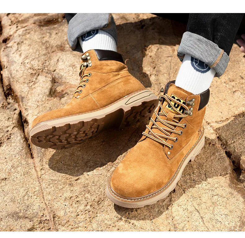 Autumn Winter Velvet Platform Boots for Men Designer Soft-soled Cow Suede Work Shoes Man Fashion Non-slip Yellow Ankle Boot Male