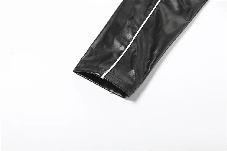 Weird Puss PU Patchwork Women Jacket Letter Print Hipster Button Zip Full Sleeve Trend Cool Street  Spring Outwear Crop Coat