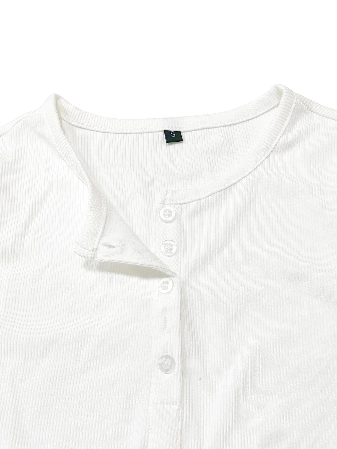 Women's Plain Half Button Front Ribbed Tee, Fashion Top, Casual Fit Long Sleeve Round Neck T shirt