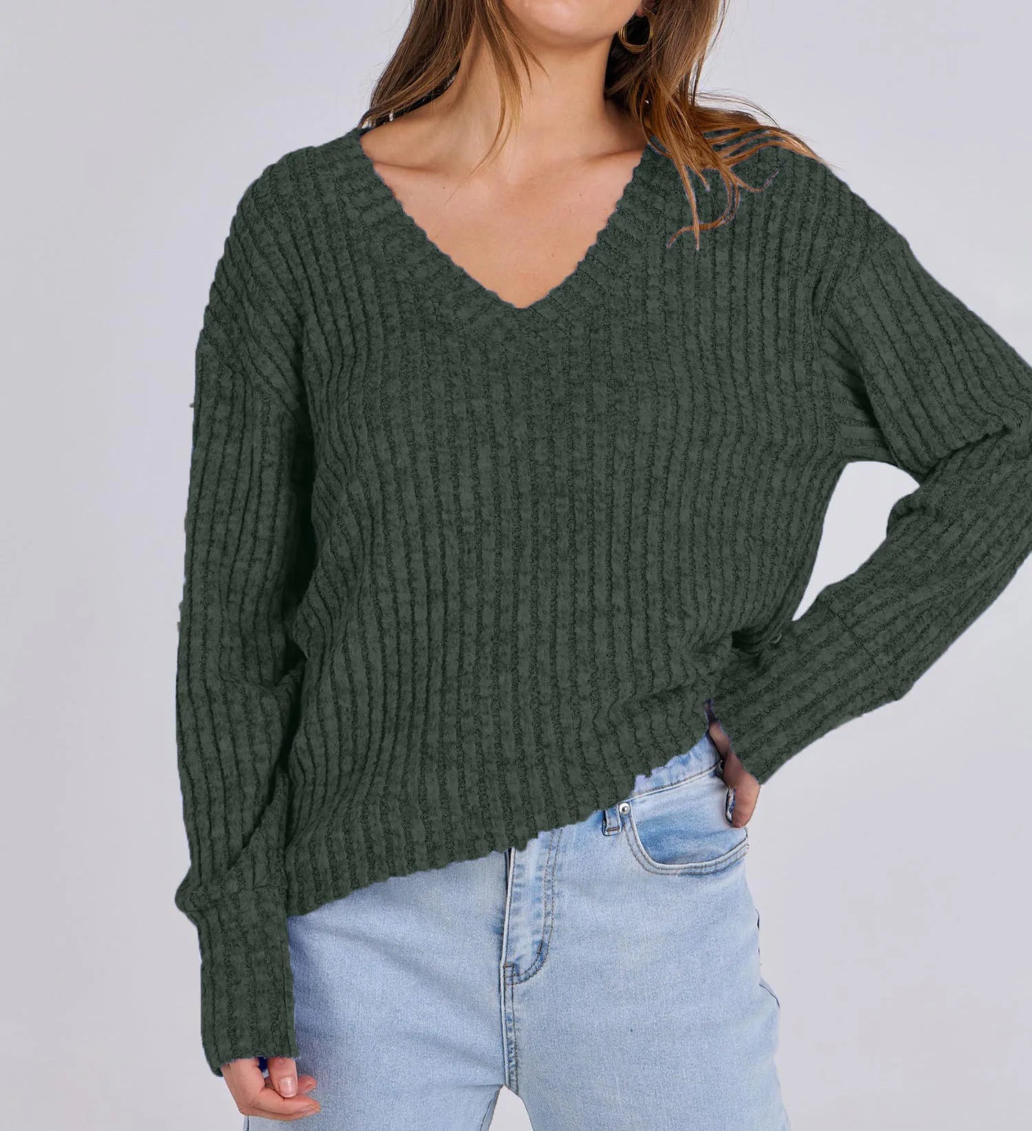 Women's Long Sleeve V-Neck T-Shirt Pit Stripe Milled Fashion Temperament Top