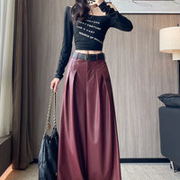 High Waist Wide Leg PU Leather Pants Women's Suit Casual Floor Length Trousers Autumn Winter New Style Loose Fit Long Pants