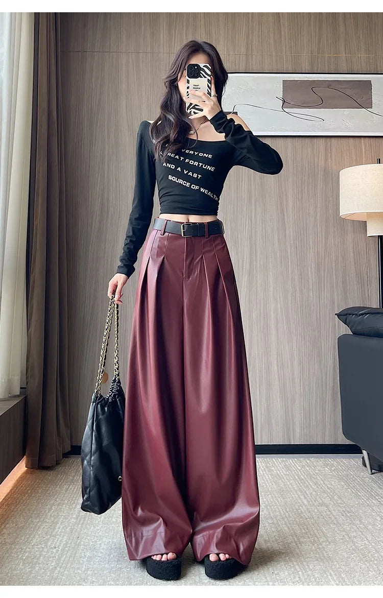 High Waist Wide Leg PU Leather Pants Women's Suit Casual Floor Length Trousers Autumn Winter New Style Loose Fit Long Pants