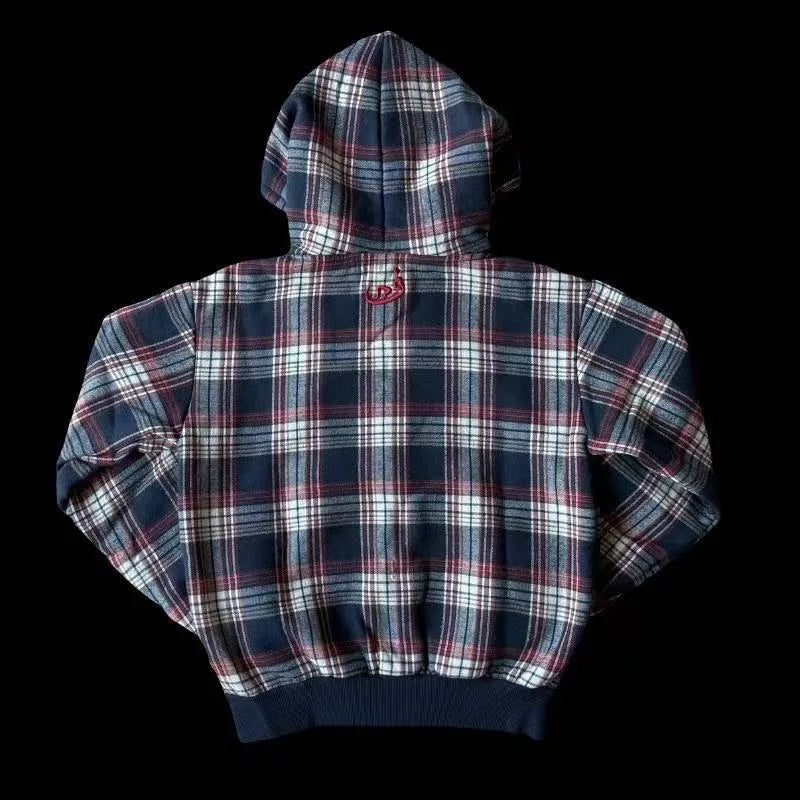 Hip-hop letter embroidery plaid splicing design oversized long-sleeved hoodie for men skateboard Y2K casual versatile sweatshirt