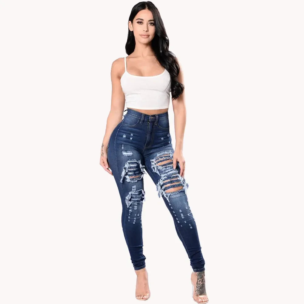 HOLE Denim Women 2025 High Waist Ripped Jeans for Women Skinny Black Pockets Jeans Woman Elastic Slim Jean Female Femme Pants