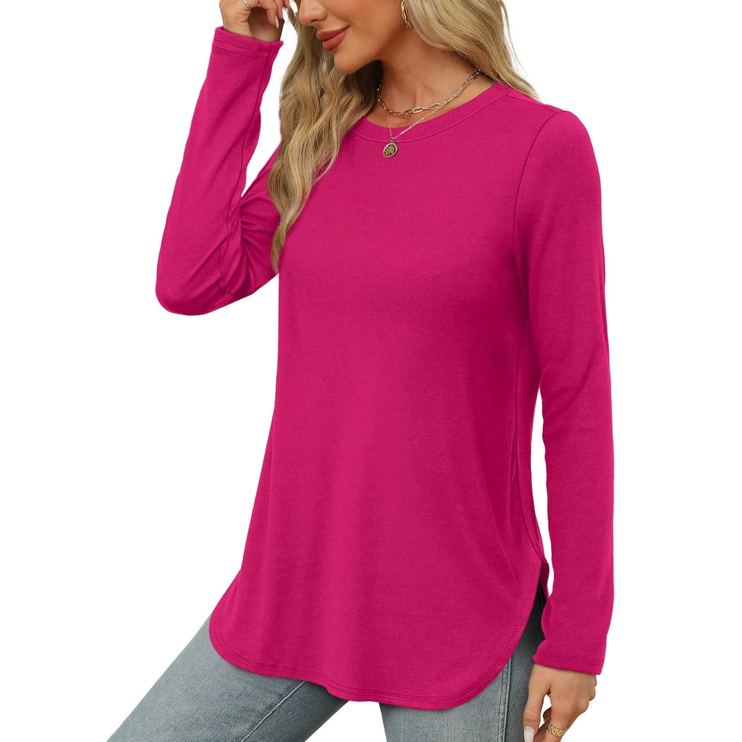 Traf 2024 Mujer Womens Long Sleeve Round Neck Shirts Side Split Basic Loose Tunic Tops Casual Shirts Ropa De Mujer Fashion