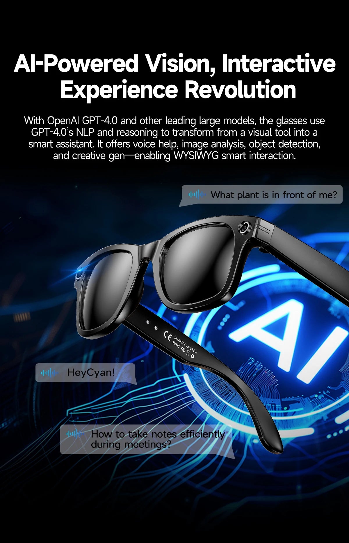 Smart Glasses 8 Million Pixels Recording Videos AI Photo Recognition Answer Translation 270mAh IP65 Waterproof Bluetooth Glasses