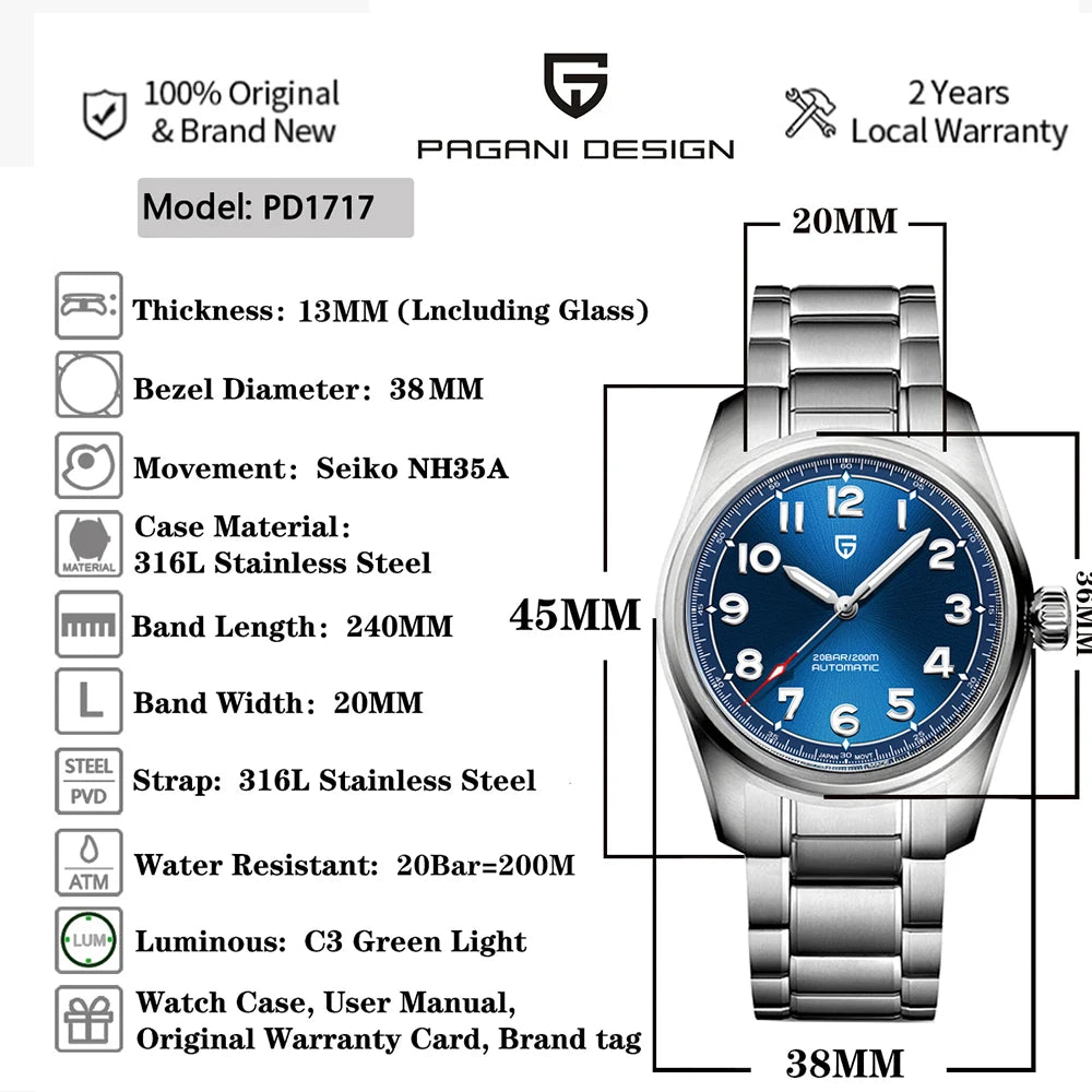 2025 PAGANI DESIGN Luxury Pilot Automatic Mechanical Watch 38MM Sapphire Waterproof Watch for Men Relogio Masculino PD1717 V2