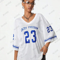 Summer New Black Enjoy Freedom 23 Print T-Shirt For Women V-Neck Short Sleeve Mesh Sports Football Jersey Y2K Oversized Tops