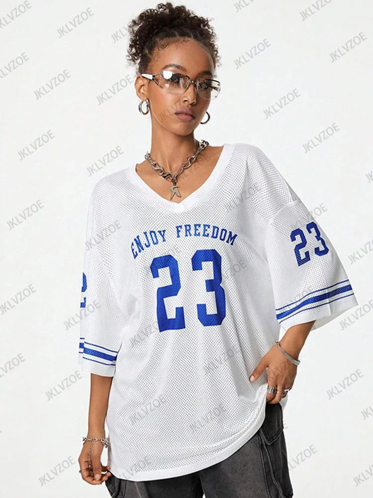 Summer New Black Enjoy Freedom 23 Print T-Shirt For Women V-Neck Short Sleeve Mesh Sports Football Jersey Y2K Oversized Tops
