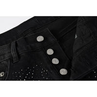 Black Men's American High Street Distressed Rhinestones Patterns Skinny Ripped Button Fly Jeans Pants