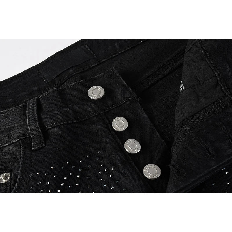 Black Men's American High Street Distressed Rhinestones Patterns Skinny Ripped Button Fly Jeans Pants