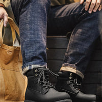 Maden Men's Versatile Black Boots Plush Lining Warmth Shoes Retro Non-Slip Thick Sole Work Boots Outdoor Casual Mid-Calf Boots