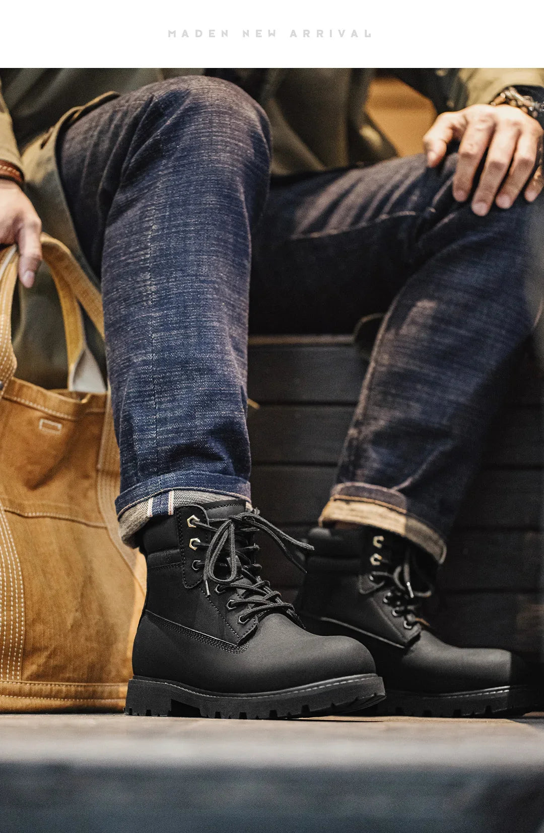 Maden Men's Versatile Black Boots Plush Lining Warmth Shoes Retro Non-Slip Thick Sole Work Boots Outdoor Casual Mid-Calf Boots