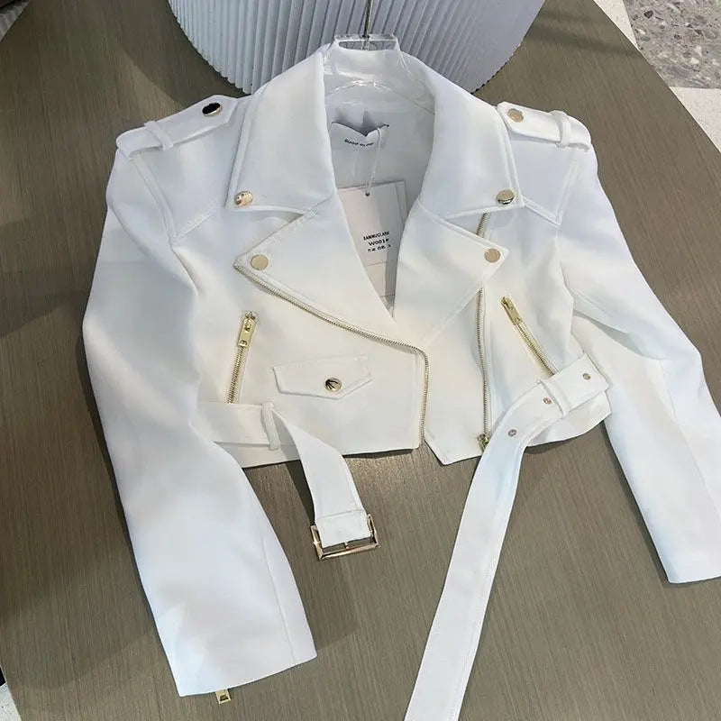 Korean version of the long-sleeved motorcycle jacket jacket women's spring and autumn new fashion temperament Joker suit collar