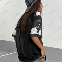 Summer New Black Speed 91 Print T-Shirt For Women V-Neck Patchwork Short Sleeve Sports Football Jersey Y2K Loose Oversized Tops
