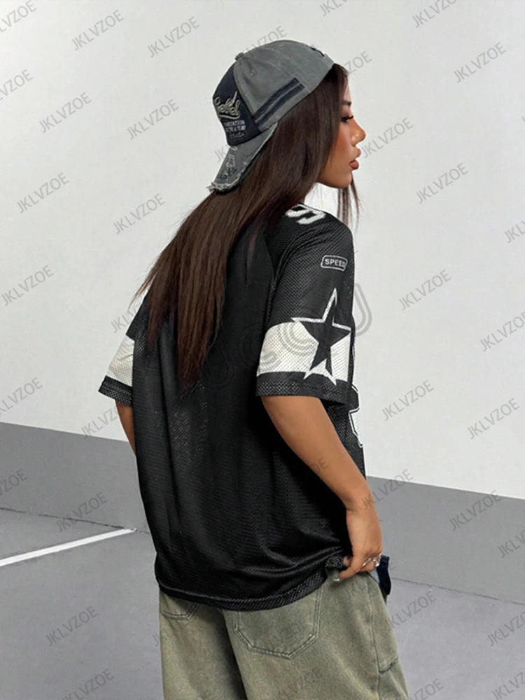 Summer New Black Speed 91 Print T-Shirt For Women V-Neck Patchwork Short Sleeve Sports Football Jersey Y2K Loose Oversized Tops