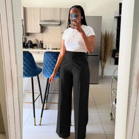 Autumn Casual High Waisted Pants Women Chic Fashion Solid Button Pocket Straight Leg Wide Leg Casual Pants Women