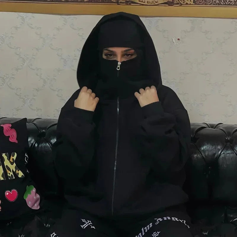 women's Men's and Balaclava Y2K Gothic Harajuku winter new item double hooded sweatshirt men's hooded mask zipper sportswear