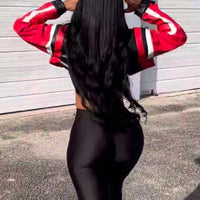 Women's Red Faux Leather Zipper Bomber Jacket - Short Casual Coat for Christmas/New Year Party Outfits