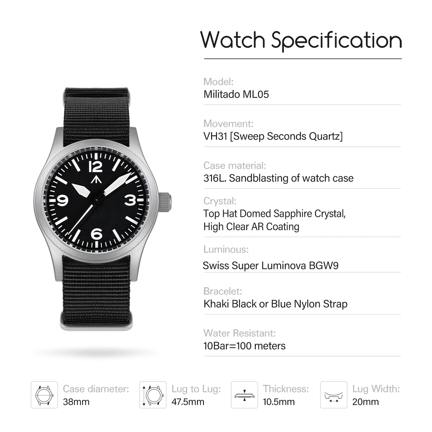 Militado New ML05 Sweep Seconds Movement VH31 Sapphire Super-LumiNova  BGW9 High Transparency AR Coated 38mm Vintage Watches