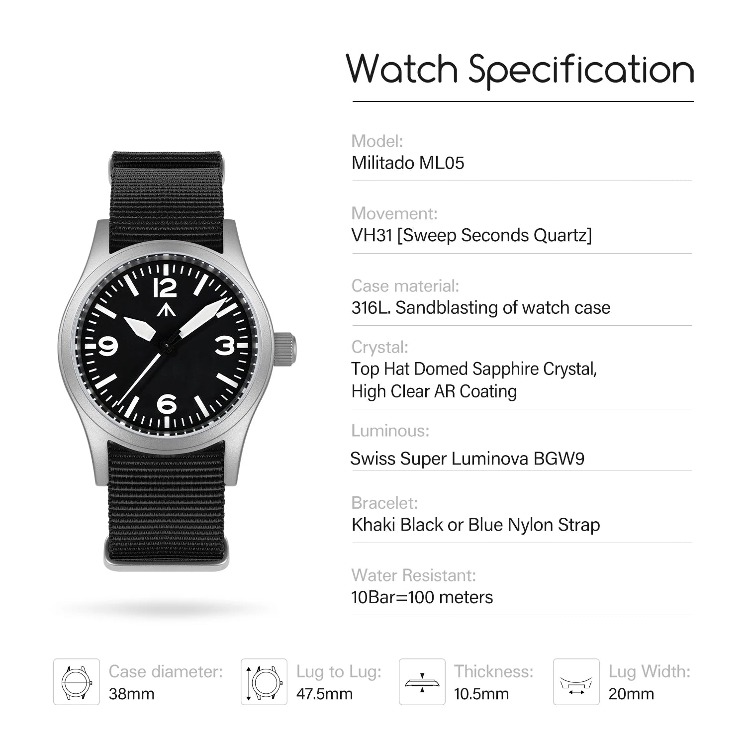 Militado New ML05 Sweep Seconds Movement VH31 Sapphire Super-LumiNova  BGW9 High Transparency AR Coated 38mm Vintage Watches