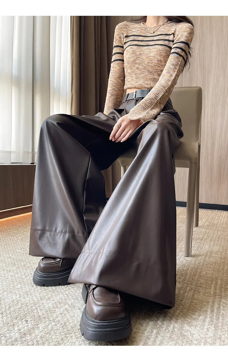 High Waist Wide Leg PU Leather Pants Women's Suit Casual Floor Length Trousers Autumn Winter New Style Loose Fit Long Pants