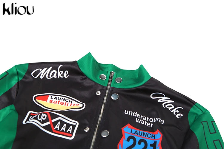 Cutenew Panelled Feather Women Coats New Letter Print Patchwork Buttons Full Sleeve Zip-up Crop Jackets Female Street Outwear