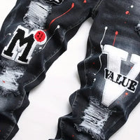 Men y2k Stretchy Denim jeans Ripped Skinny Letter Print elastic waist Casual pants for men Hole Slim Fit Denim Hip Hop Trousers