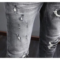 Designer Fashion New High Quality Black Grey Jeans Elastic Slimming Perforated Patch Washed Jeans High Street Hip Hop Brand Pant