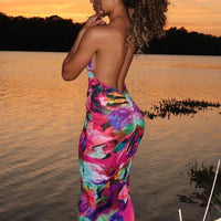 kliou Summer Women Mid-Calf Streetwear Mesh Dress K23D33078 Girl Mul-ti color Print Halter Backless Vestido Slim Shirring Robe