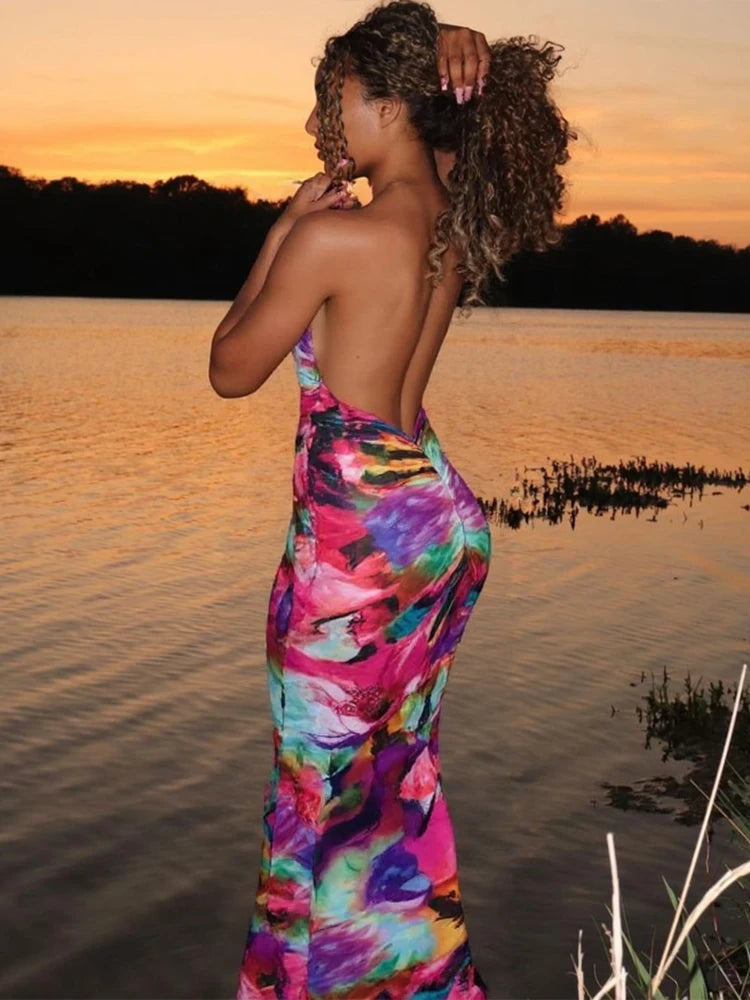 kliou Summer Women Mid-Calf Streetwear Mesh Dress K23D33078 Girl Mul-ti color Print Halter Backless Vestido Slim Shirring Robe