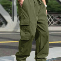 Men s Loose Cargo Long Pants Solid Color Drawstring Waist Straight Leg Trousers Casual Work Pants with Pockets