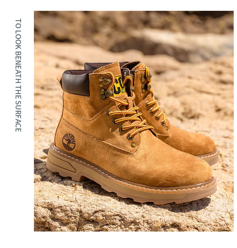 Autumn Winter Velvet Platform Boots for Men Designer Soft-soled Cow Suede Work Shoes Man Fashion Non-slip Yellow Ankle Boot Male