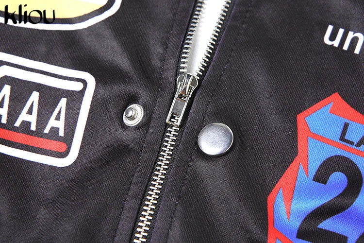 Cutenew Panelled Feather Women Coats New Letter Print Patchwork Buttons Full Sleeve Zip-up Crop Jackets Female Street Outwear