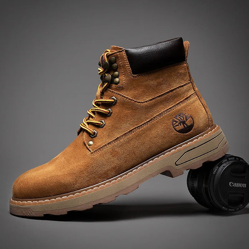 Autumn Winter Velvet Platform Boots for Men Designer Soft-soled Cow Suede Work Shoes Man Fashion Non-slip Yellow Ankle Boot Male