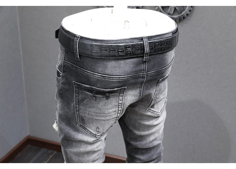 Designer Fashion New High Quality Black Grey Jeans Elastic Slimming Perforated Patch Washed Jeans High Street Hip Hop Brand Pant