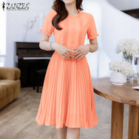 2025 ZANZEA Elegant Women Midi Dresses Summer Office Work Dress Short Sleeve O Neck Party Vestidos Pleated Sundress Robe Femme